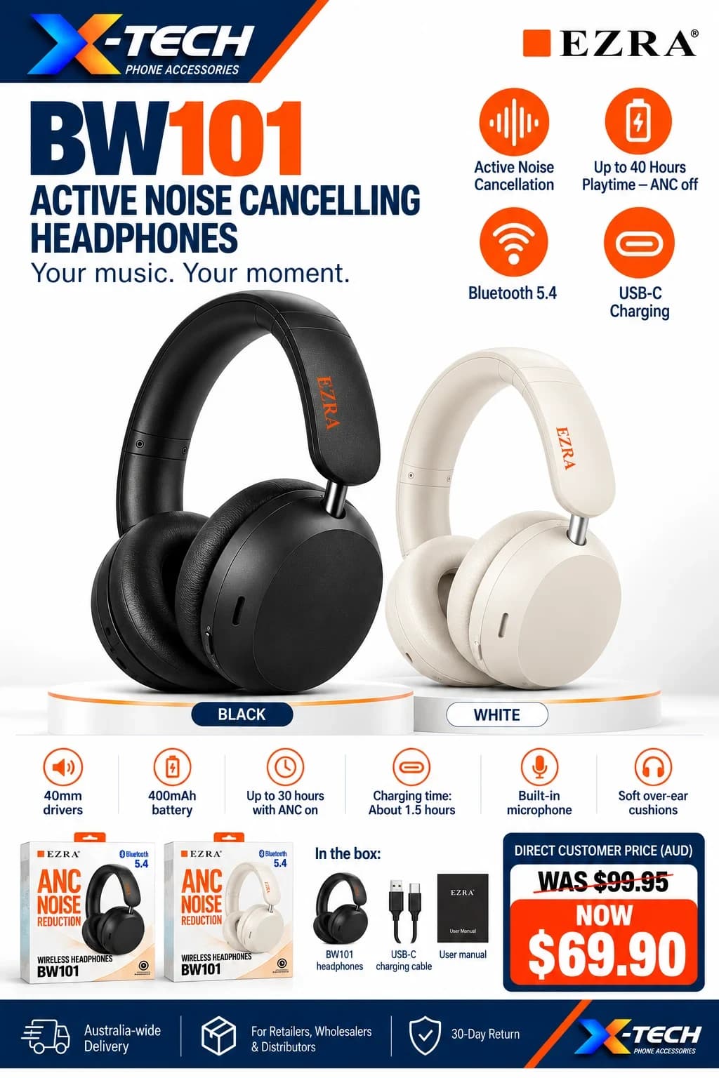 EZRA BW101 Active Noise Cancellation Headphones