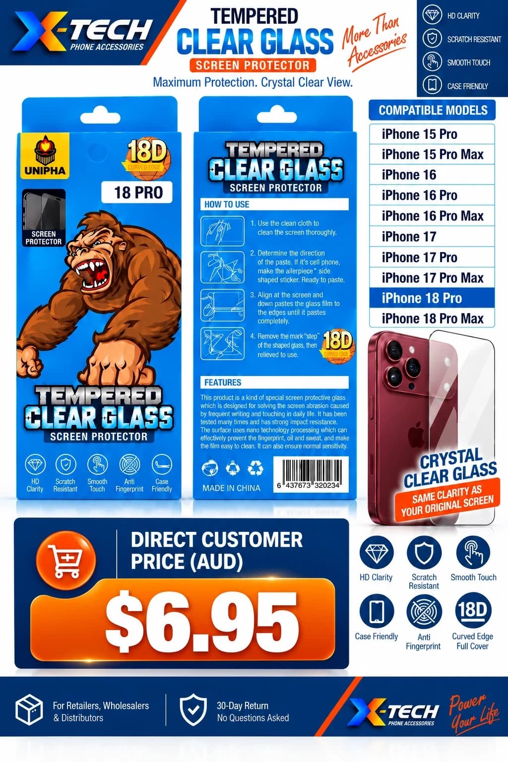 Unipha 18D Tempered Clear Glass Screen Protector